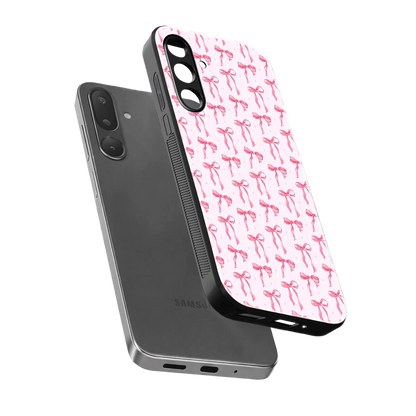 Bow Pink sleek samsung galaxy m16 5g cover with tempered glass back and TPU edges