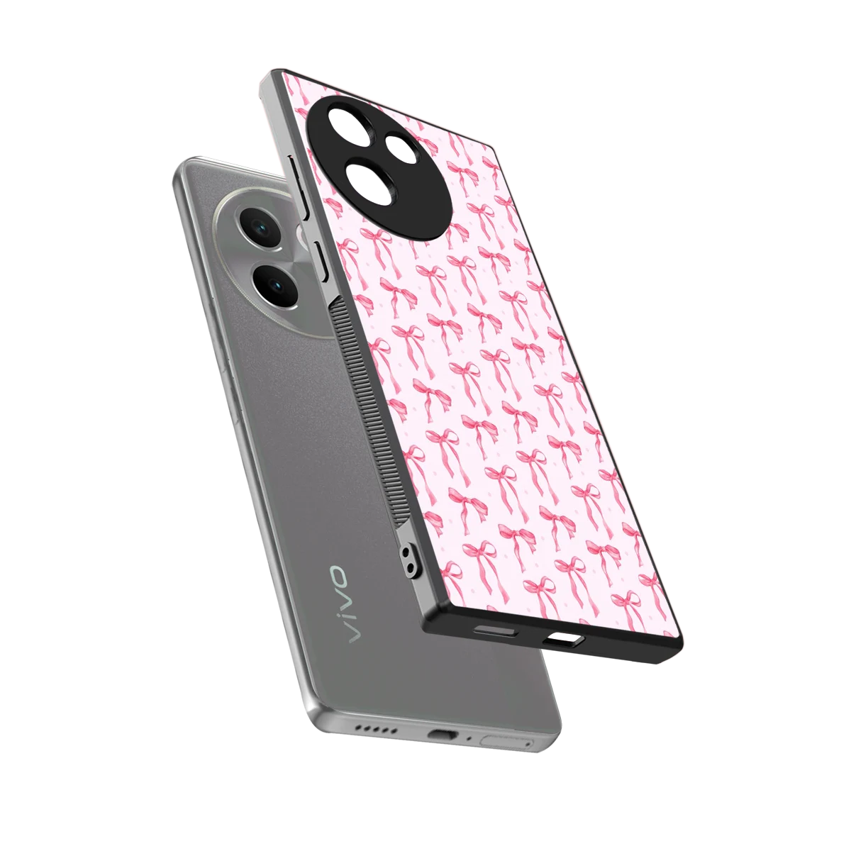 Bow Pink sleek vivo v30e cover with tempered glass back and TPU edges