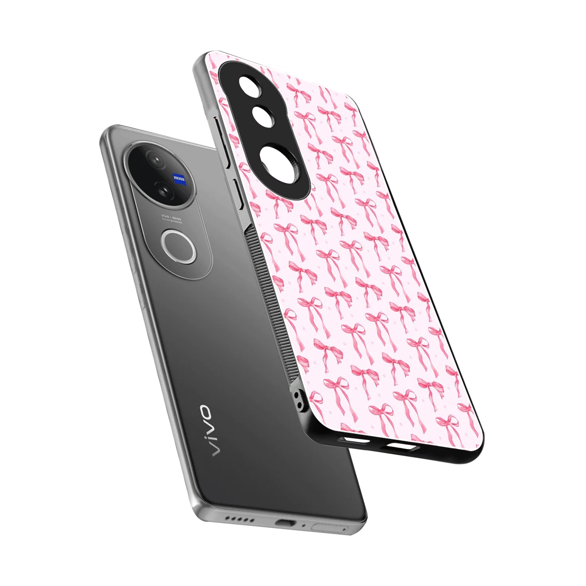 Bow Pink sleek vivo v50 cover with tempered glass back and TPU edges