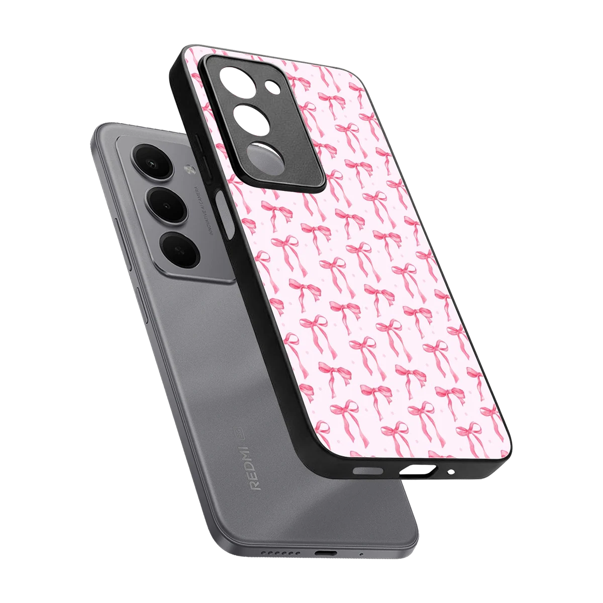 Bow Pink sleek redmi 15 5g cover with tempered glass back and TPU edges