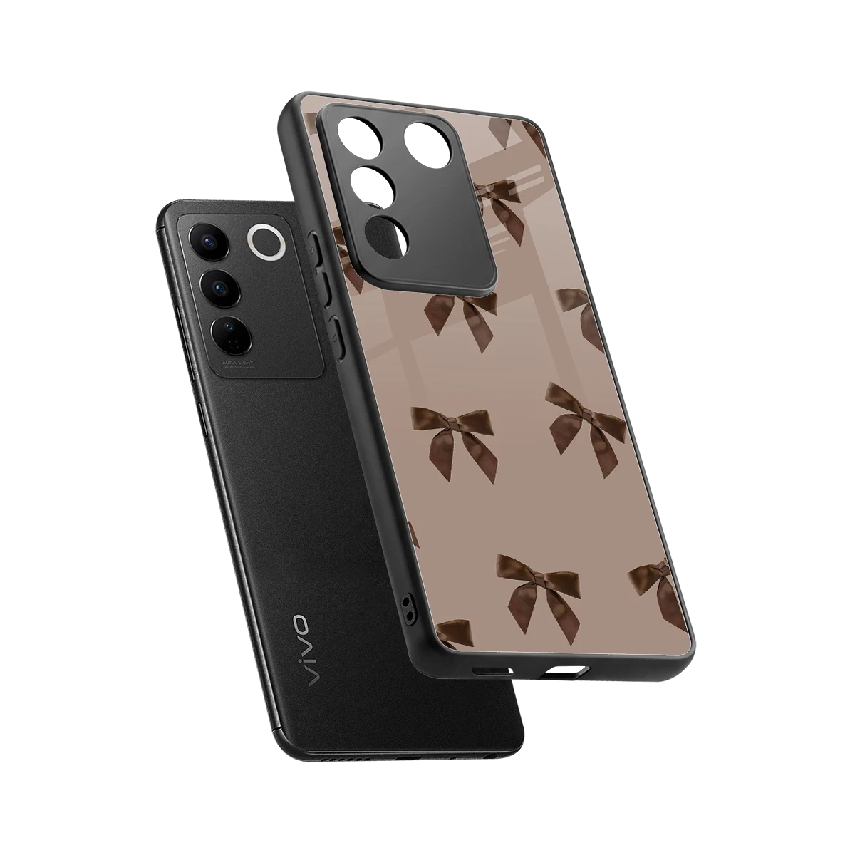Brown Bow sleek vivo v27 5g cover with tempered glass back and TPU edges