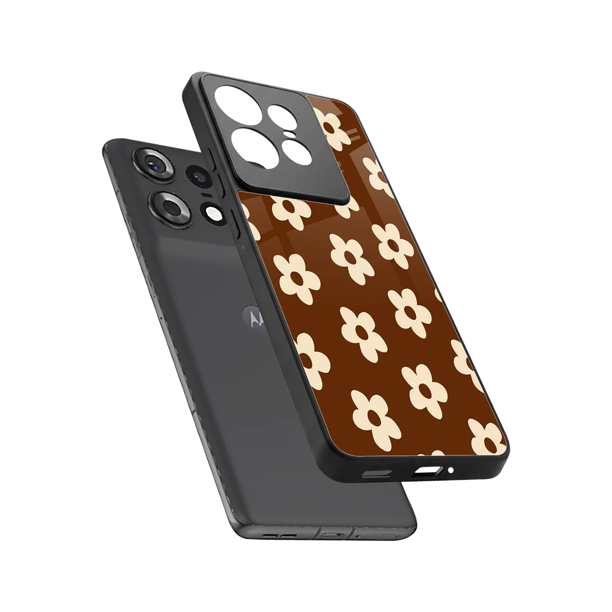 Brown Flowers sleek motorola edge 50 pro cover with tempered glass back and TPU edges
