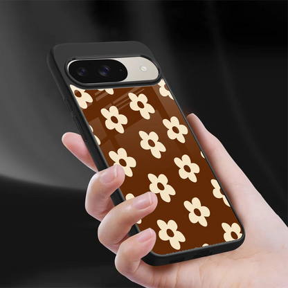 Brown Flowers sleek google pixel 9 cover with tempered glass back and TPU edges