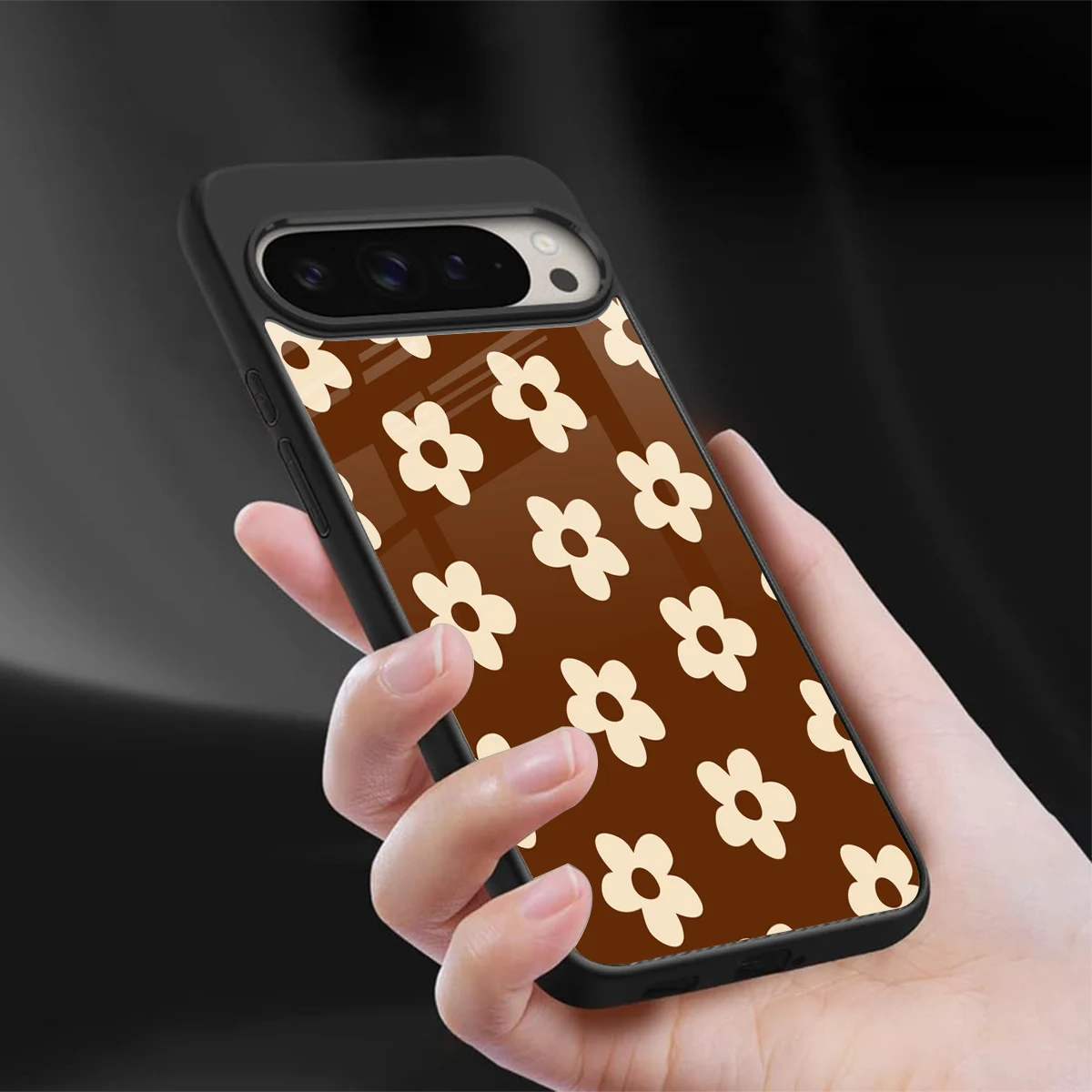Brown Flowers sleek google pixel 9 pro xl cover with tempered glass back and TPU edges