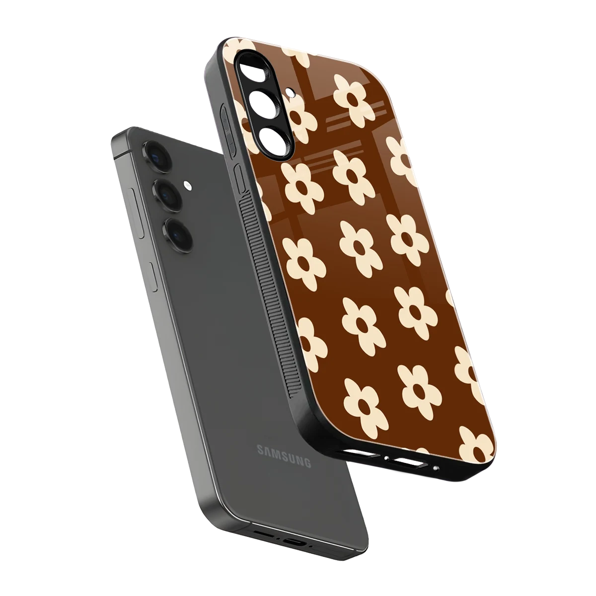 Brown Flowers sleek samsung galaxy a55 5g cover with tempered glass back and TPU edges