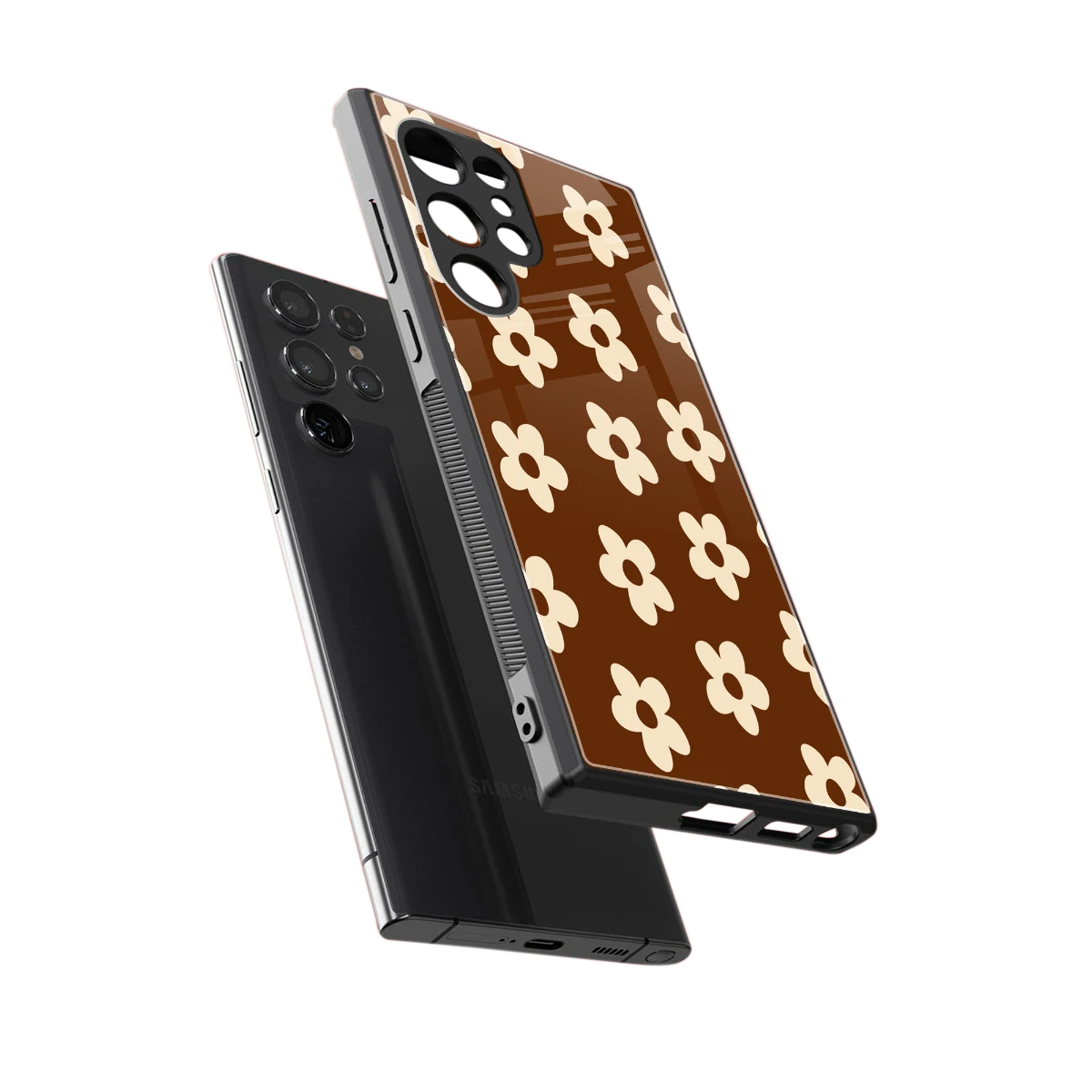 Brown Flowers sleek samsung galaxy s24 ultra cover with tempered glass back and TPU edges