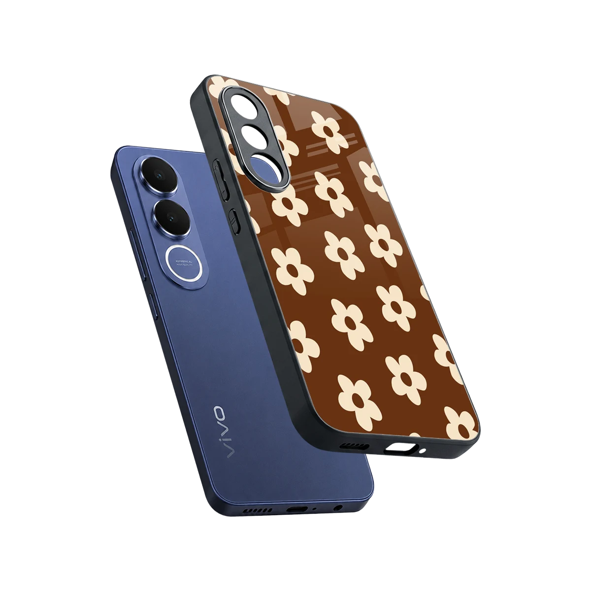 Brown Flowers sleek vivo v70 fe cover with tempered glass back and TPU edges