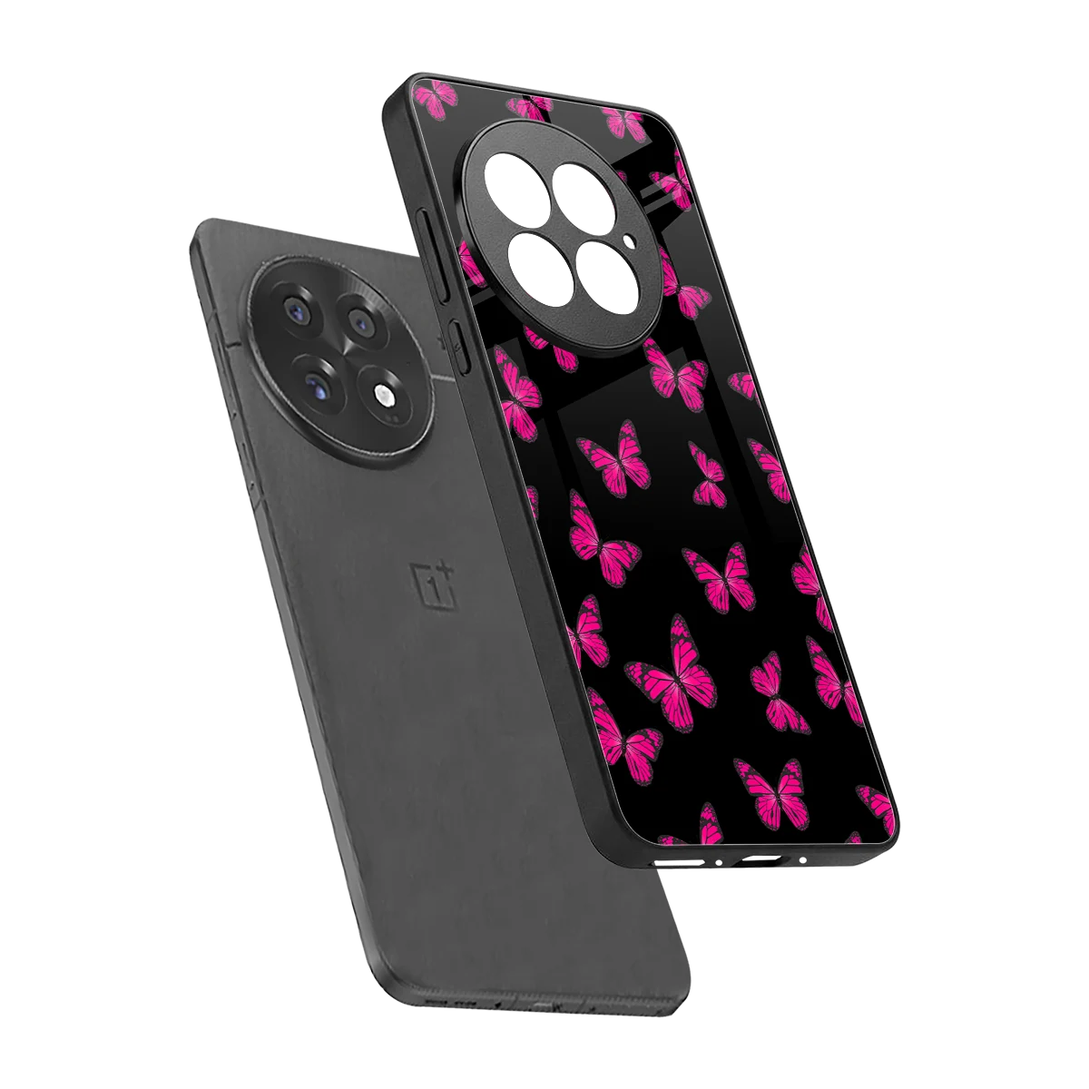 Butterfly Burst Black sleek oneplus 13 cover with tempered glass back and TPU edges