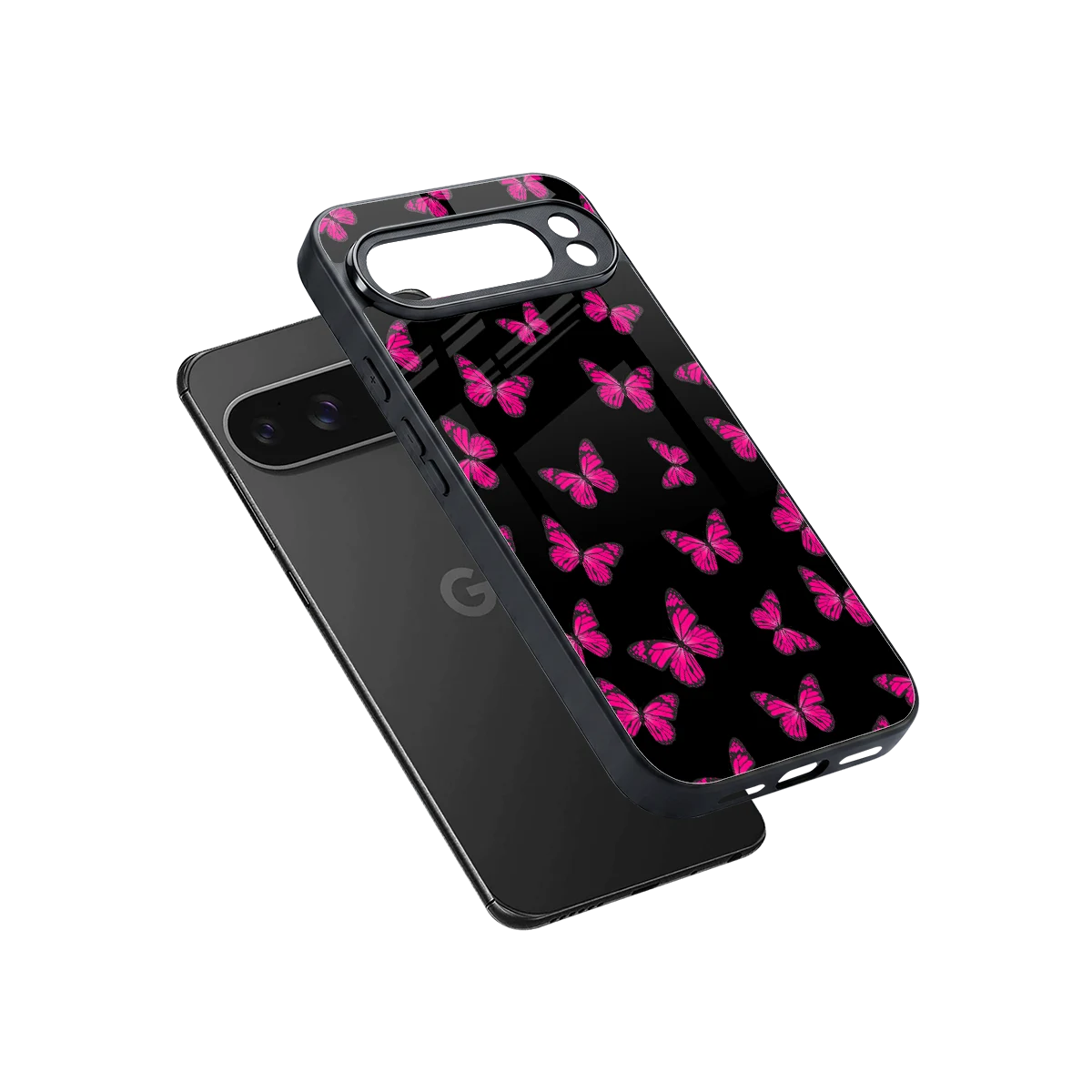 Butterfly Burst Black sleek google pixel 10 pro xl cover with tempered glass back and TPU edges