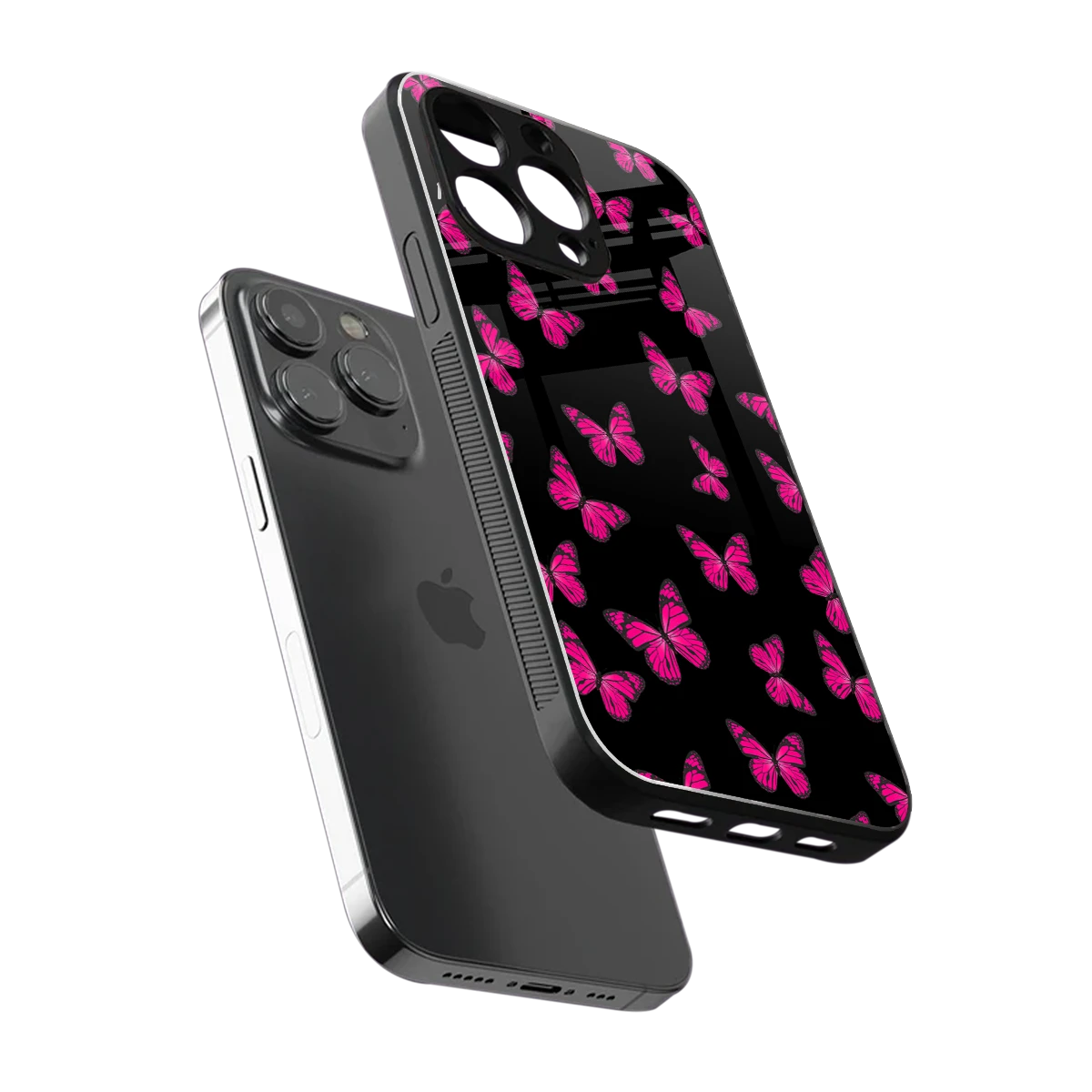 Butterfly Burst Black sleek iphone 13 pro cover with tempered glass back and TPU edges