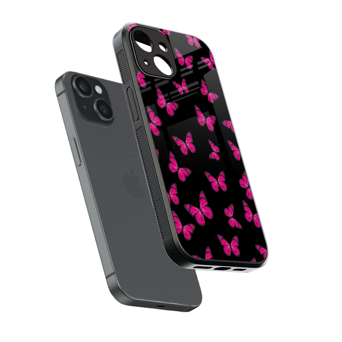 Butterfly Burst Black sleek iphone 13 cover with tempered glass back and TPU edges