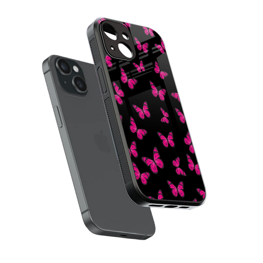 Butterfly Burst Black sleek iphone 13 cover with tempered glass back and TPU edges