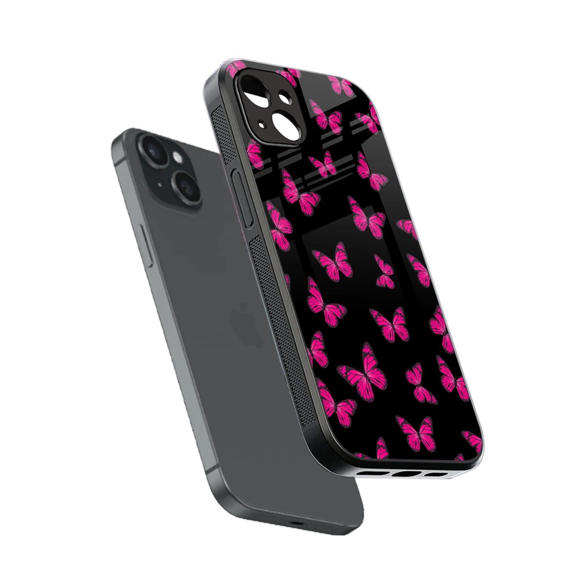 Butterfly Burst Black sleek iphone 14 plus cover with tempered glass back and TPU edges