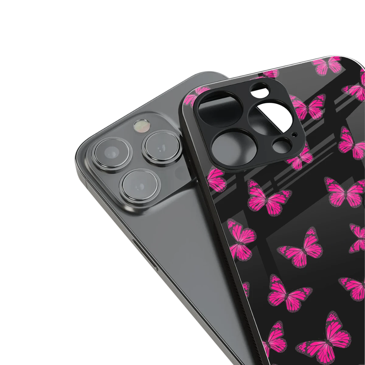 Butterfly Burst Black stylish phone case for iphone 13 pro | glossy glass and slim fit