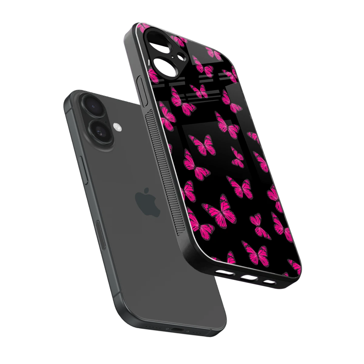 Butterfly Burst Black sleek iPhone 16 cover with tempered glass back and TPU edges