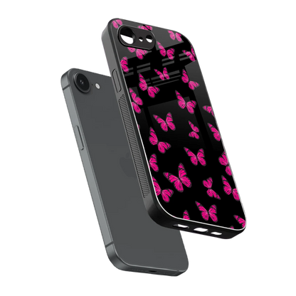 Butterfly Burst Black sleek iphone 16e cover with tempered glass back and TPU edges