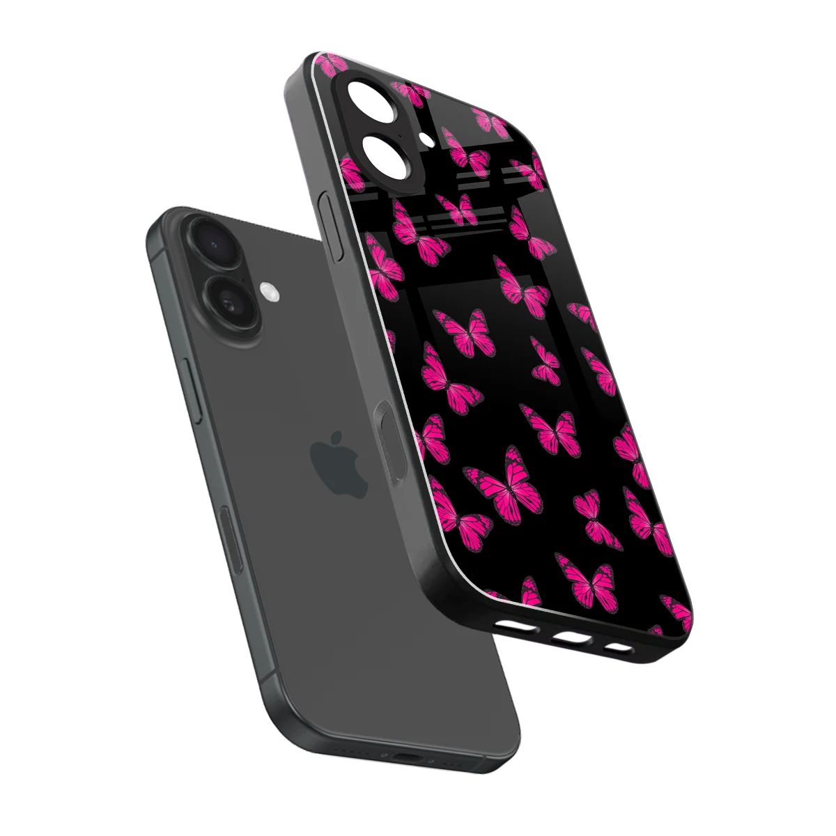 Butterfly Burst Black sleek iphone 17 cover with tempered glass back and TPU edges