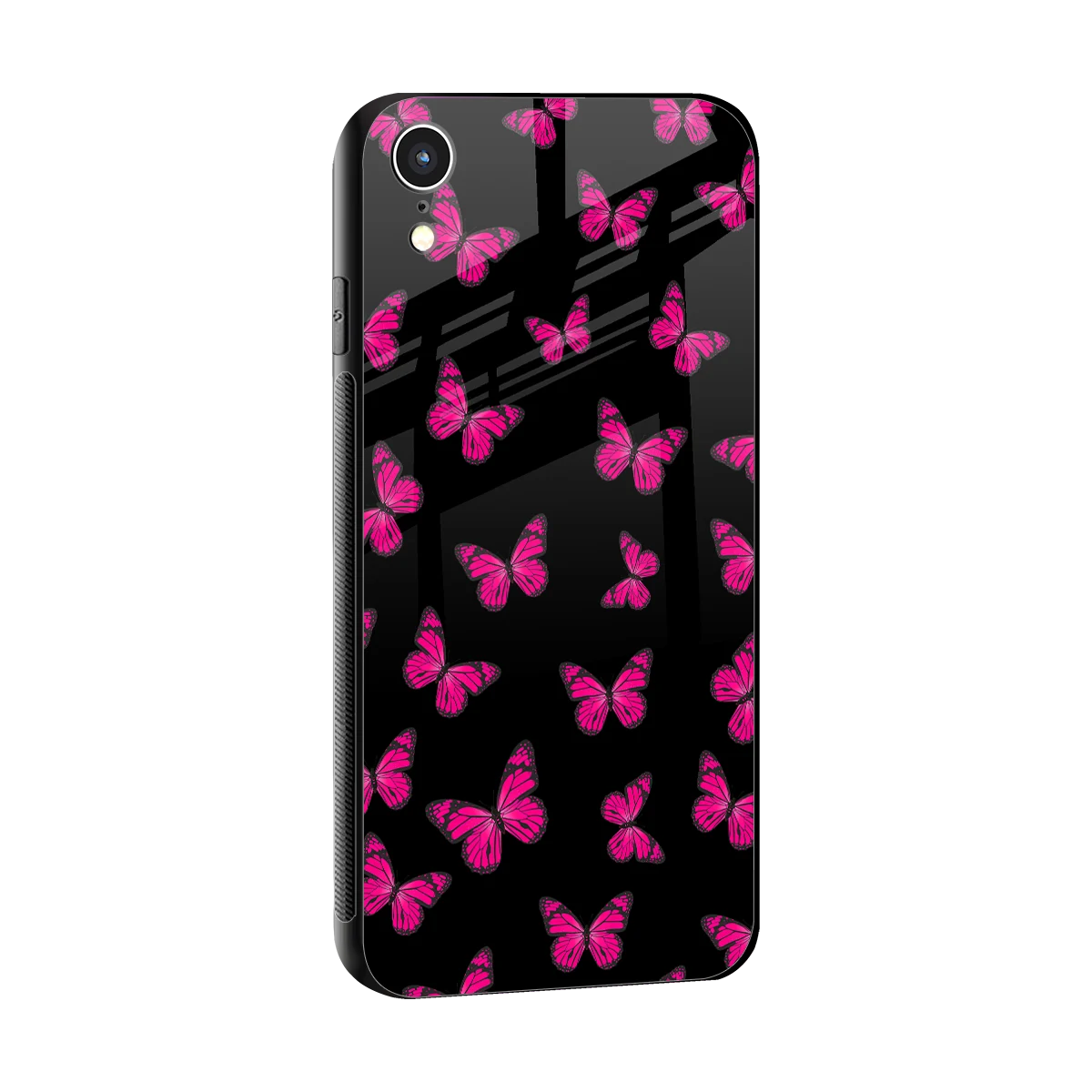Butterfly Burst Black sleek iphone xr cover with tempered glass back and TPU edges