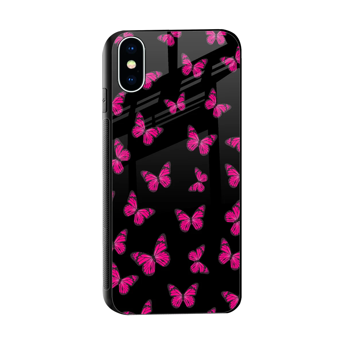 Butterfly Burst Black sleek iphone xs cover with tempered glass back and TPU edges