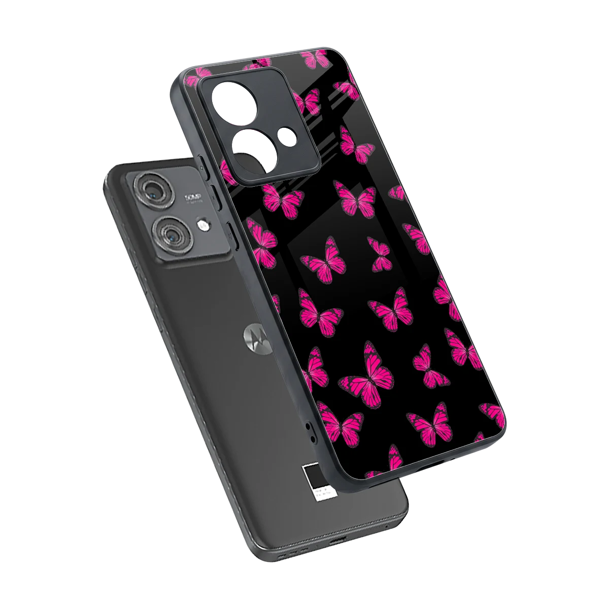 Butterfly Burst Black sleek motorola edge 40 neo 5g cover with tempered glass back and TPU edges
