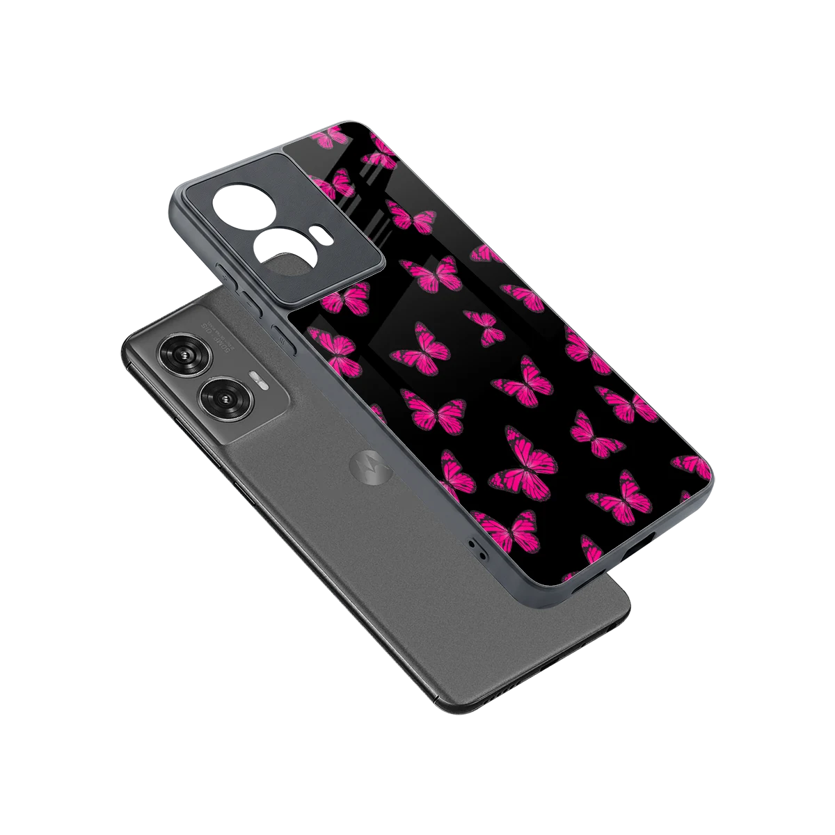 Butterfly Burst Black sleek motorola edge 50 fusion cover with tempered glass back and TPU edges