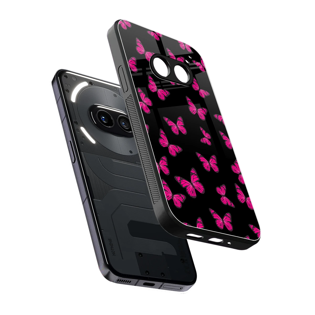 Butterfly Burst Black sleek nothing phone 2a plus cover with tempered glass back and TPU edges