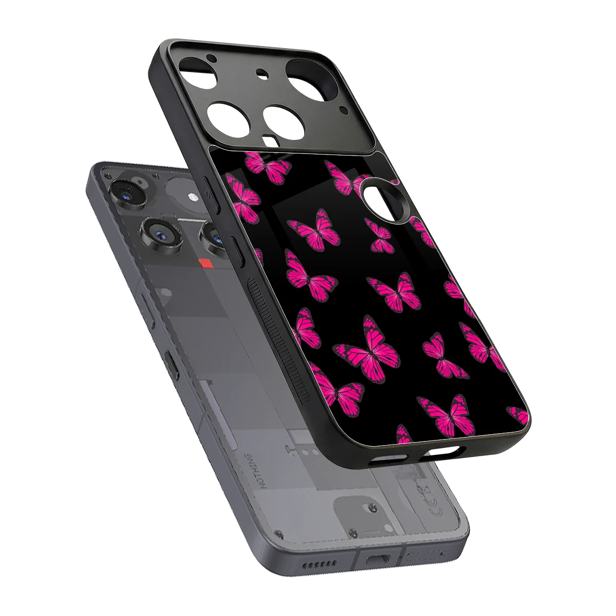 Butterfly Burst Black sleek nothing phone 3 cover with tempered glass back and TPU edges