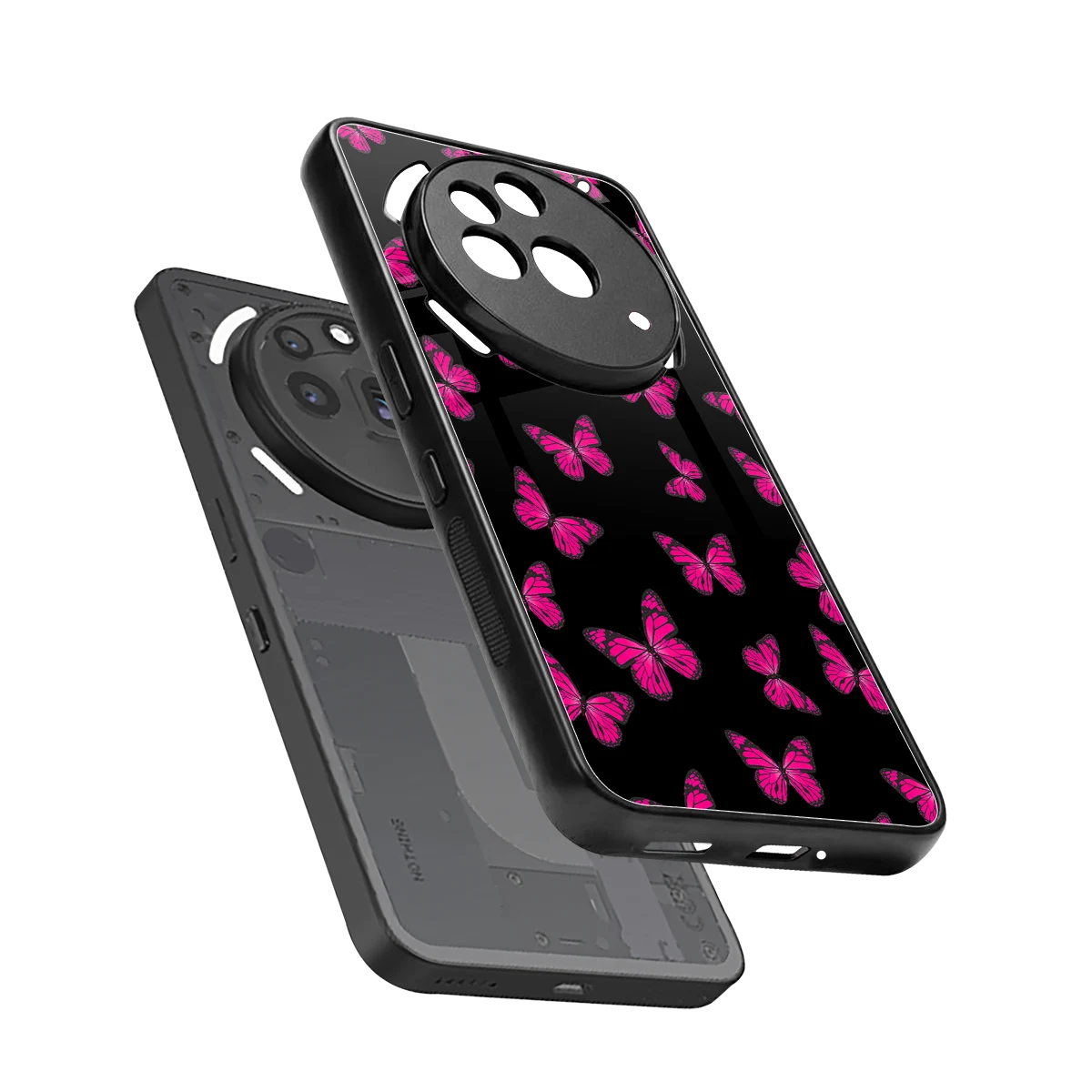 Butterfly Burst Black sleek nothing phone 3a pro cover with tempered glass back and TPU edges