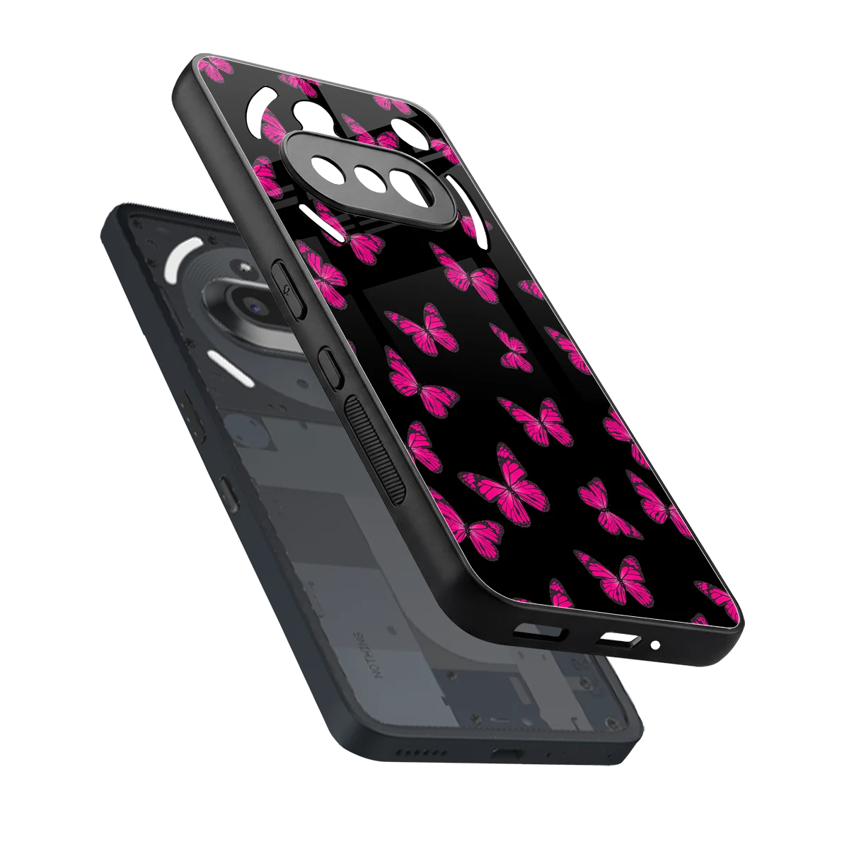 Butterfly Burst Black sleek nothing phone 3a cover with tempered glass back and TPU edges