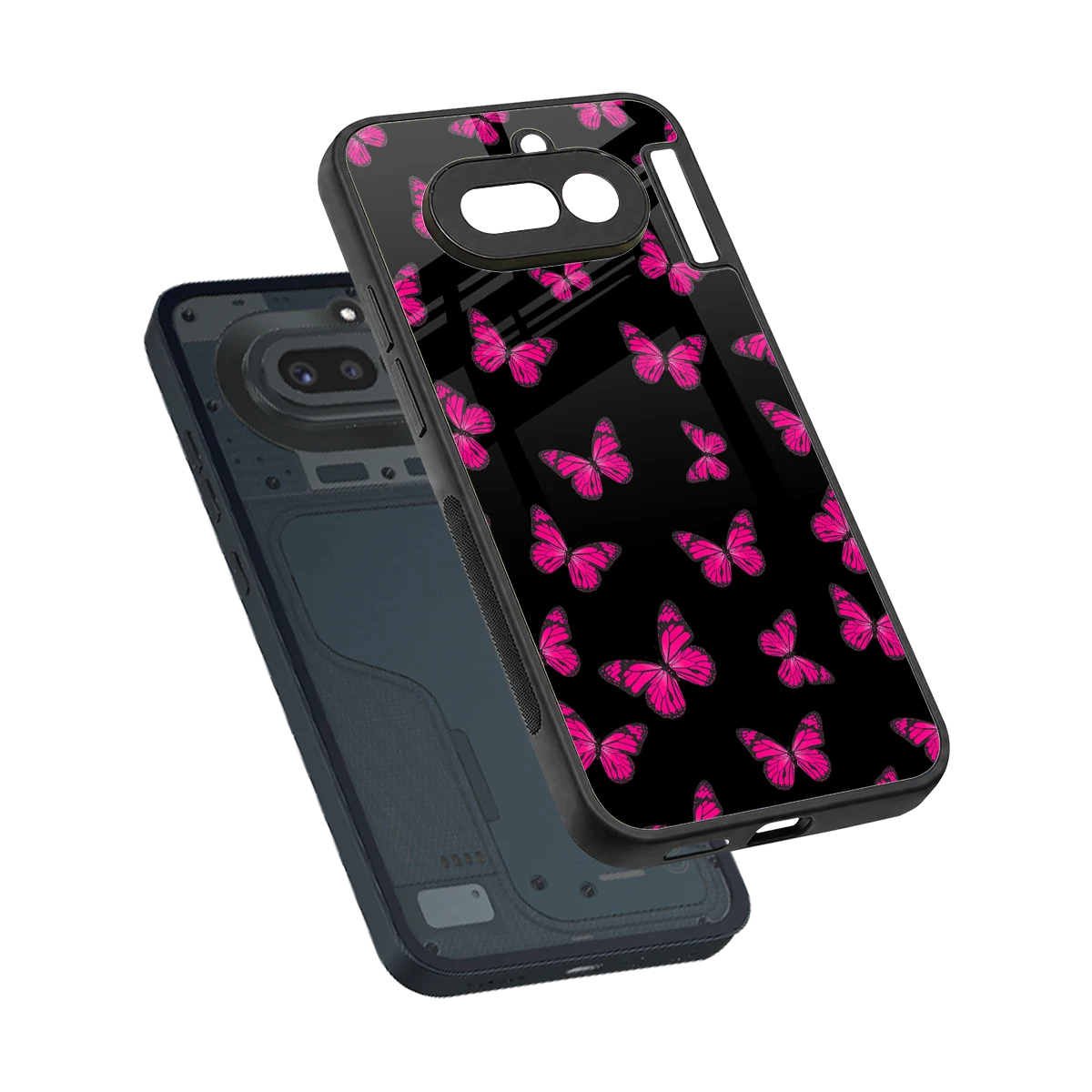 Butterfly Burst Black sleek nothing phone 4a cover with tempered glass back and TPU edges