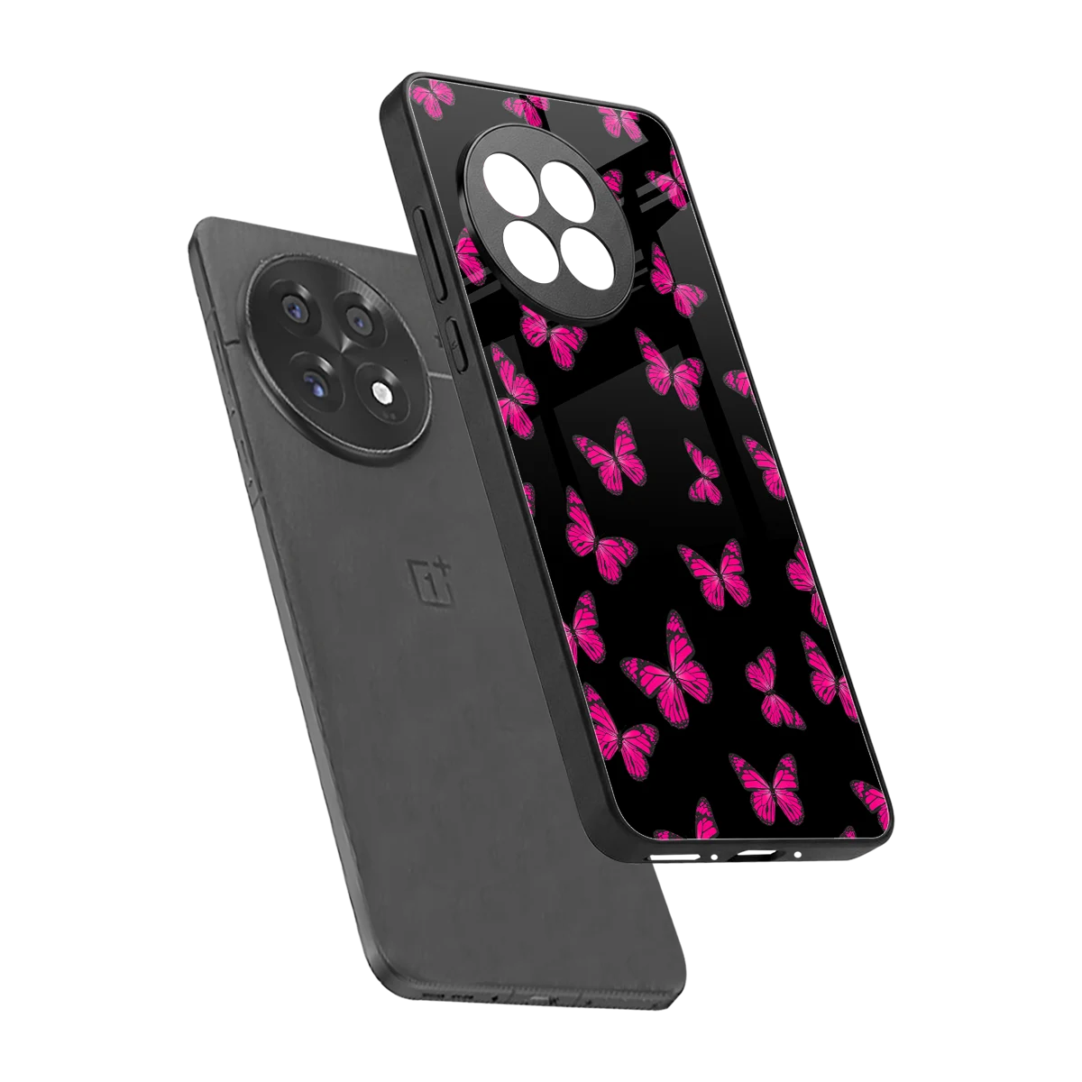Butterfly Burst Black sleek oneplus 13r cover with tempered glass back and TPU edges