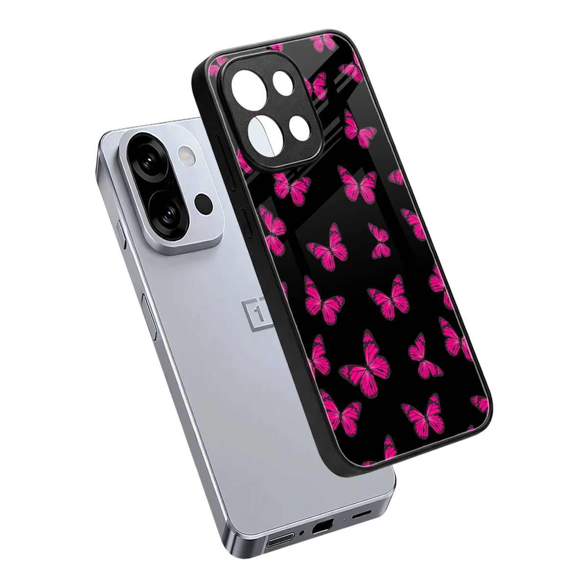 Butterfly Burst Black sleek oneplus 13s cover with tempered glass back and TPU edges