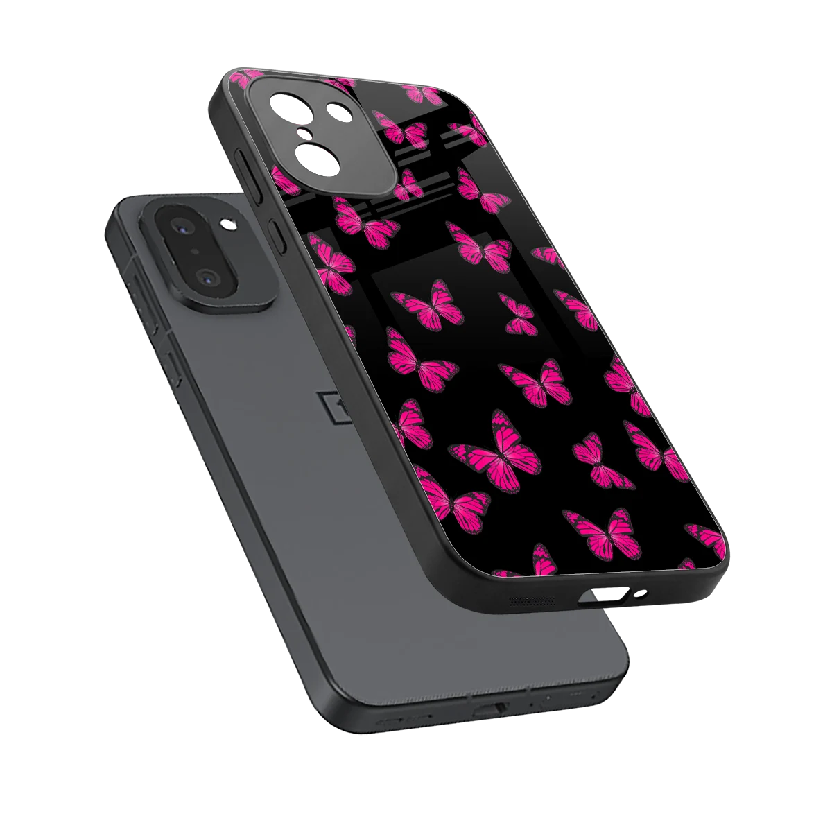 Butterfly Burst Black sleek oneplus 15r cover with tempered glass back and TPU edges
