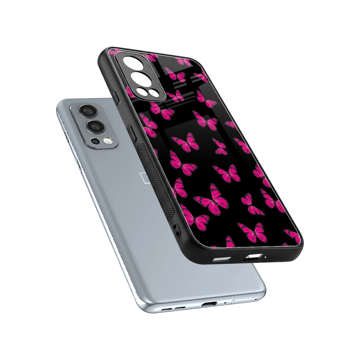 Butterfly Burst Black sleek oneplus nord 2 cover with tempered glass back and TPU edges