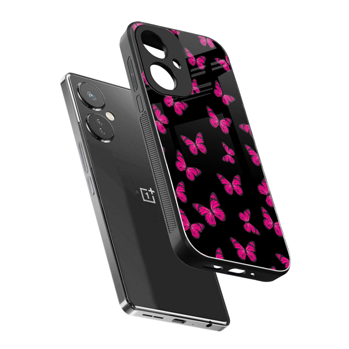 Butterfly Burst Black sleek oneplus nord ce 3 cover with tempered glass back and TPU edges