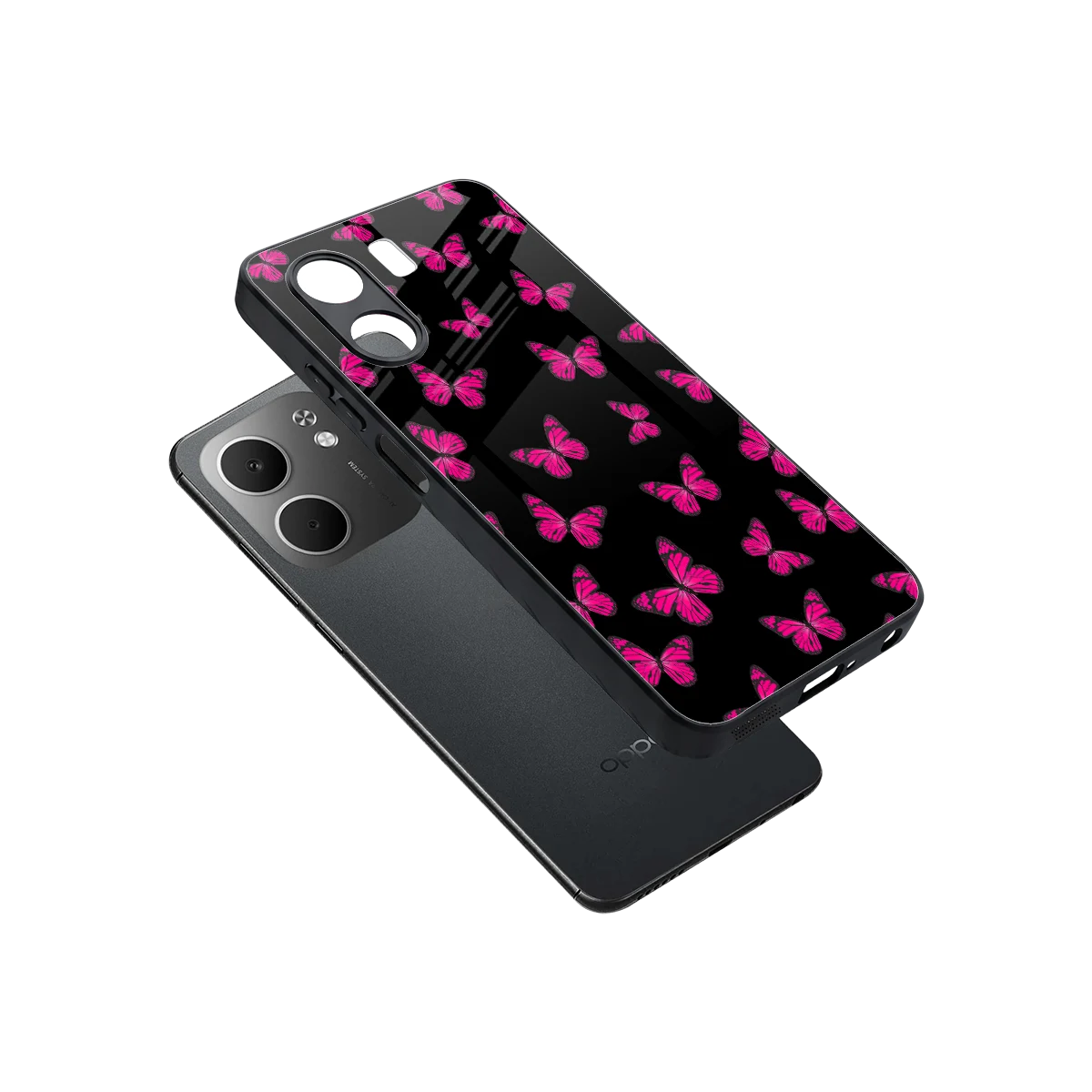 Butterfly Burst Black sleek oppo a5x 5g cover with tempered glass back and TPU edges