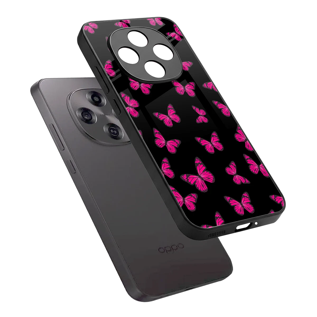 Butterfly Burst Black sleek oppo f31 pro 5g cover with tempered glass back and TPU edges