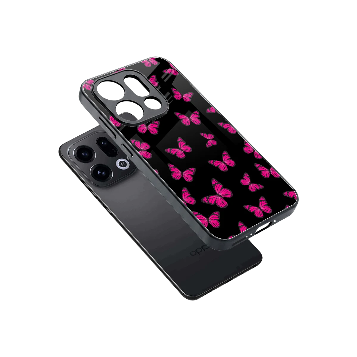 Butterfly Burst Black sleek oppo find x9 cover with tempered glass back and TPU edges