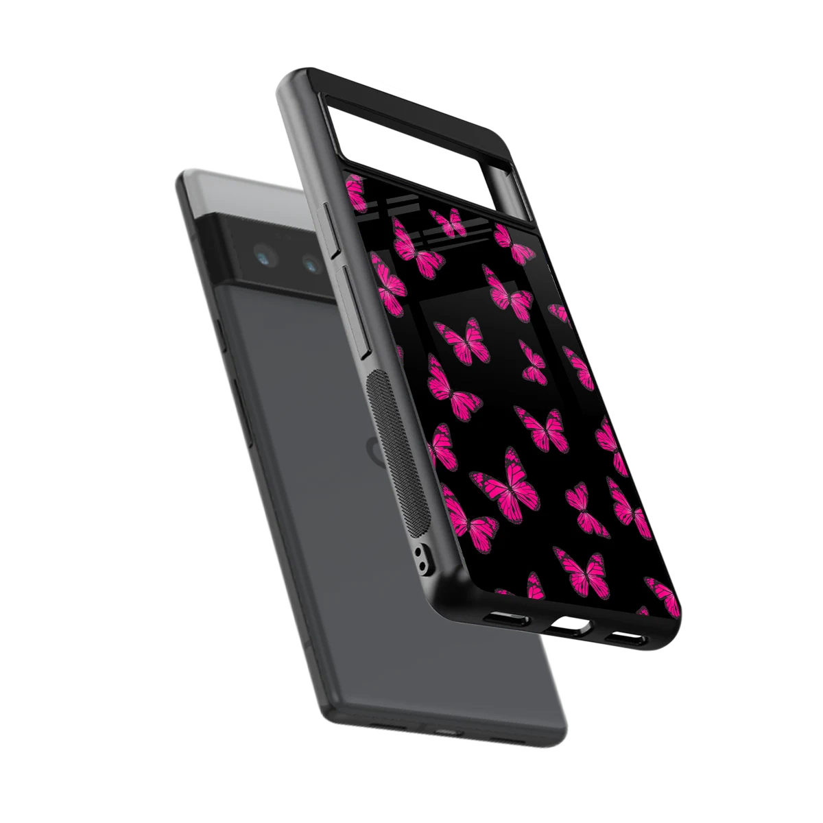 Butterfly Burst Black sleek google pixel 6 pro cover with tempered glass back and TPU edges