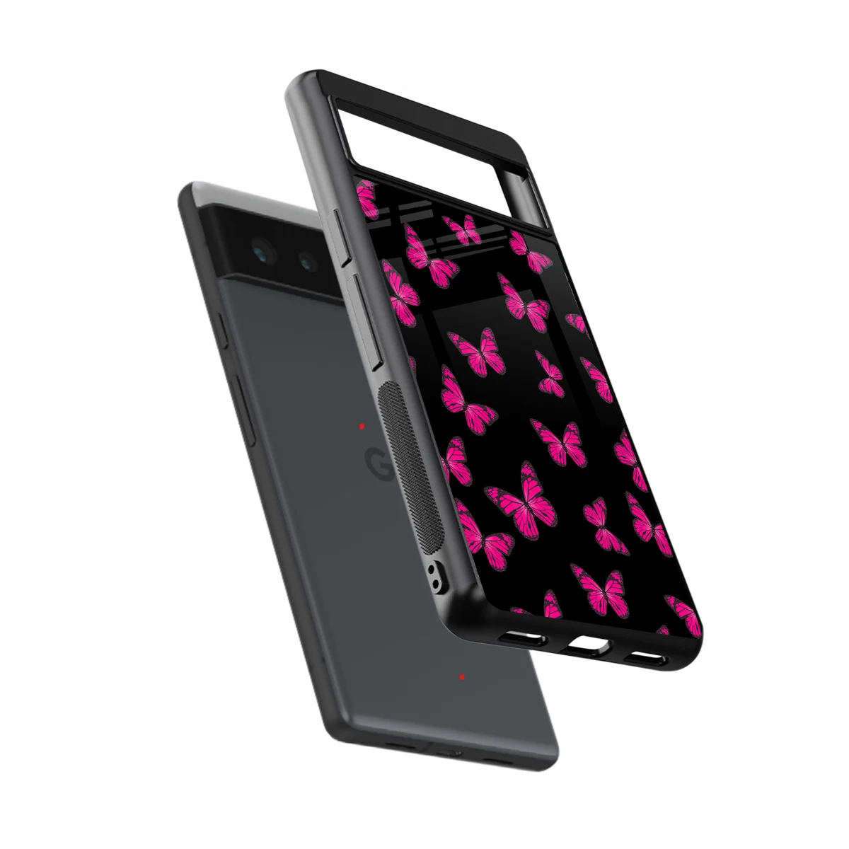 Butterfly Burst Black sleek google pixel 6a cover with tempered glass back and TPU edges