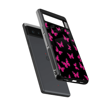 Butterfly Burst Black sleek google pixel 6a cover with tempered glass back and TPU edges