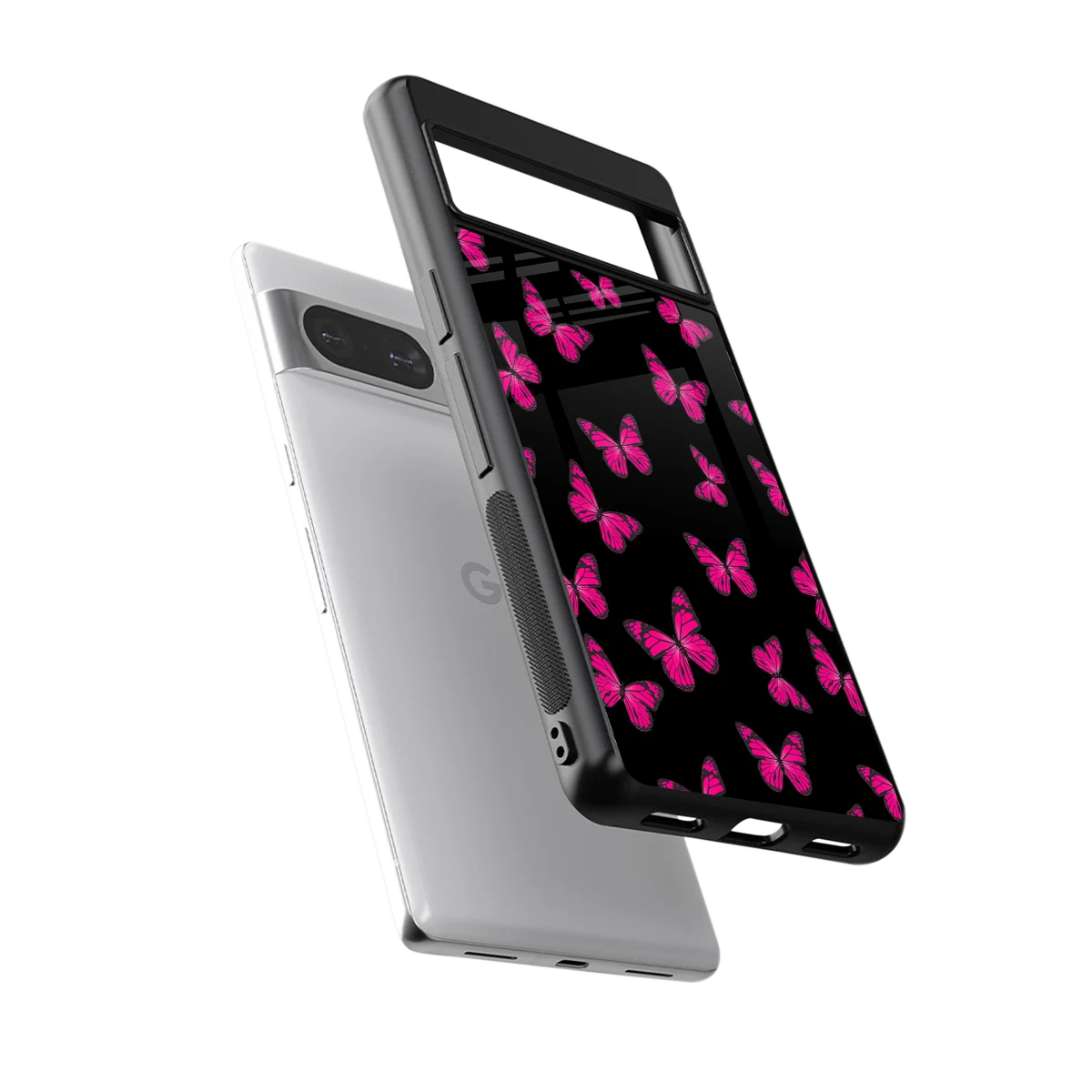 Butterfly Burst Black sleek google pixel 8 cover with tempered glass back and TPU edges