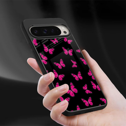 Butterfly Burst Black sleek google pixel 9 pro cover with tempered glass back and TPU edges