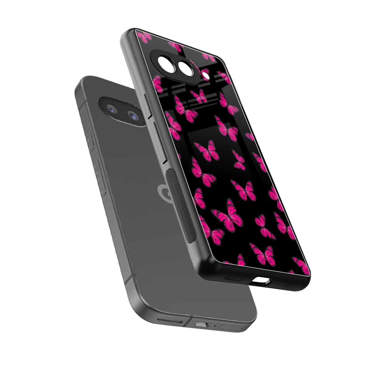 Butterfly Burst Black sleek google pixel 9a cover with tempered glass back and TPU edges
