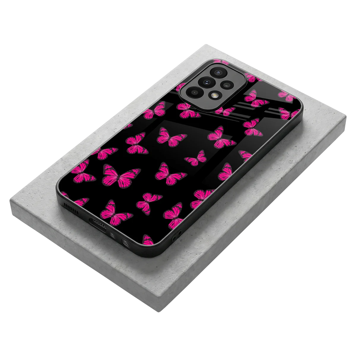 Butterfly Burst Black stylish phone case for samsung galaxy a23 | glossy glass and slim fit