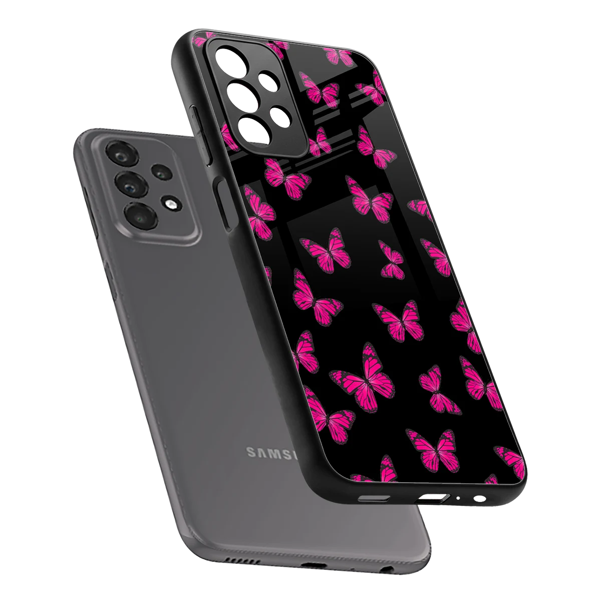 Butterfly Burst Black sleek samsung galaxy a23 cover with tempered glass back and TPU edges