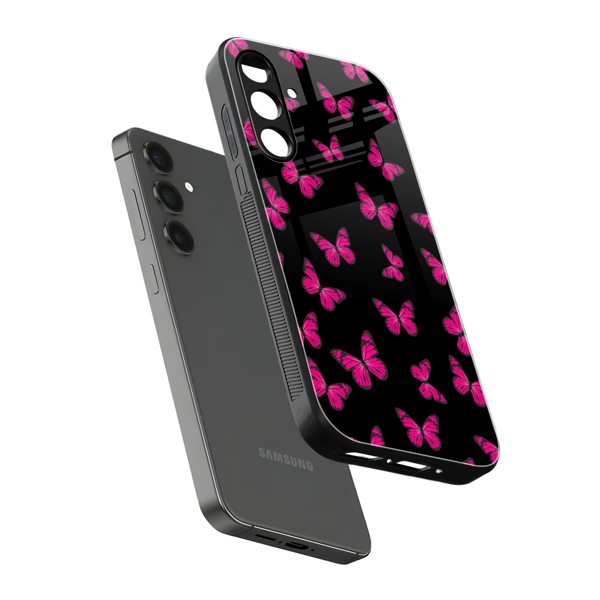 Butterfly Burst Black sleek samsung galaxy a55 5g cover with tempered glass back and TPU edges