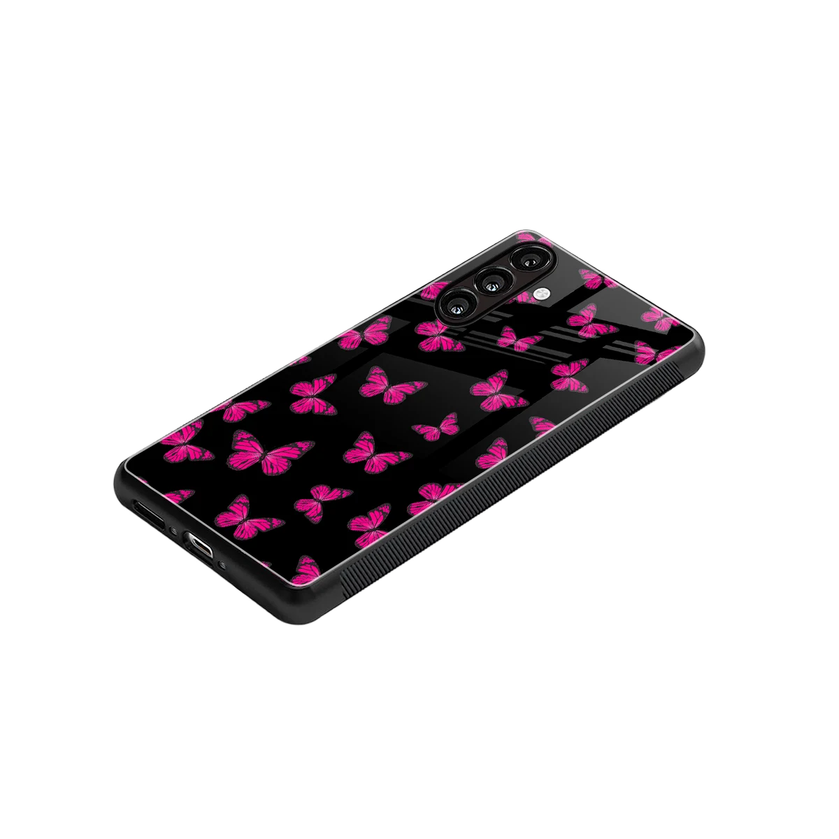 Butterfly Burst Black stylish phone case for samsung galaxy a55 5g | glossy glass and slim fit