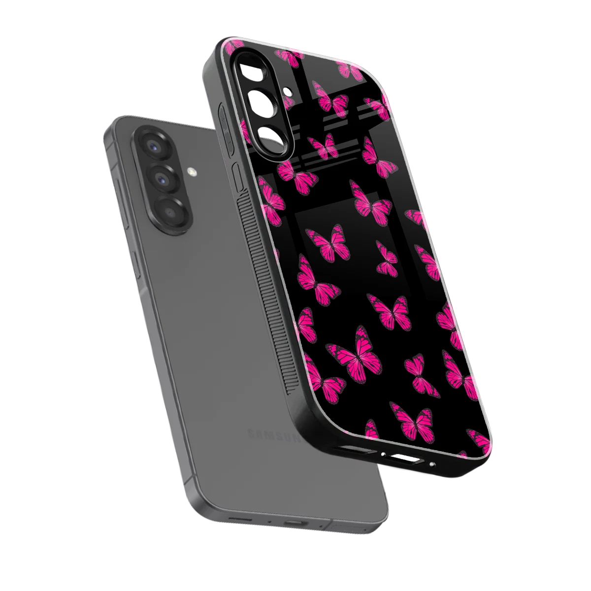 Butterfly Burst Black sleek samsung galaxy a36 5g cover with tempered glass back and TPU edges