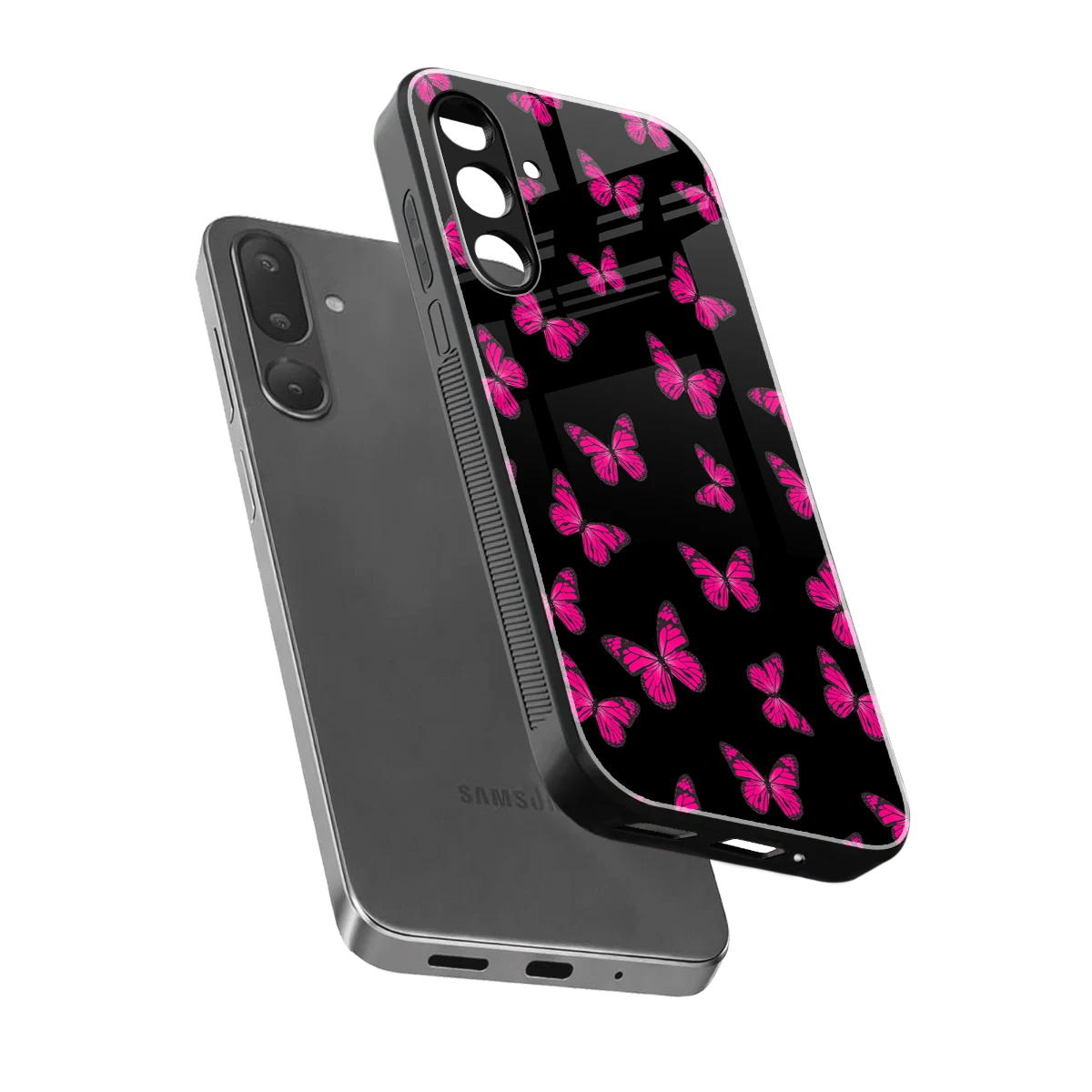 Butterfly Burst Black sleek samsung galaxy m16 5g cover with tempered glass back and TPU edges